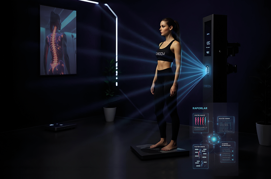 Yapay zeka destekli vücut analiz cihazı ekranında dijital postür ve omurga analizi.